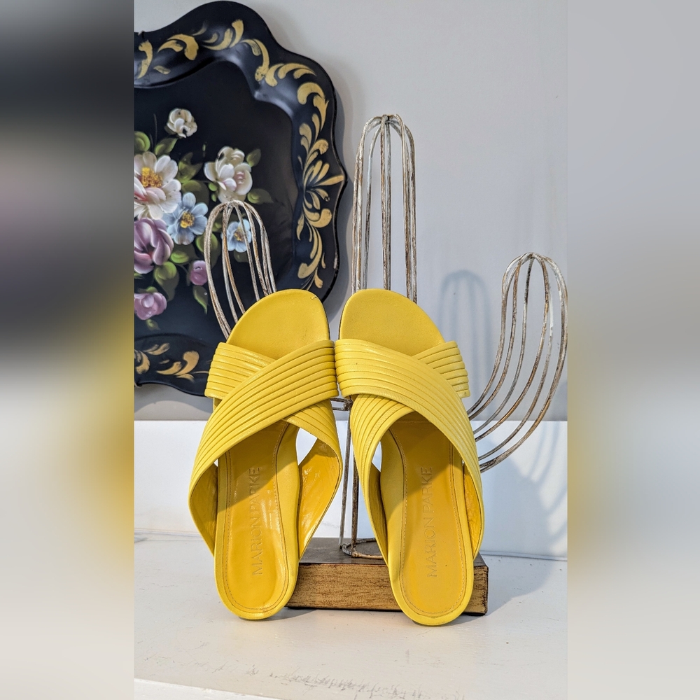 Marion Parke Jillian Sandals Leather Slides Yellow Crossover Straps Women's 37.5